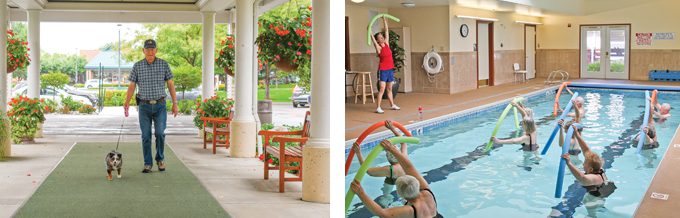 Mission Ridge Senior Living Community resident walking his dog and people doing pool exercises